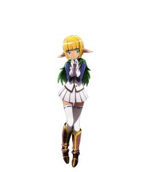 Rule 34 | 1boy, anime coloring, blonde hair, blue eyes, blunt bangs, cape, crossdressing, dark skin, elf, full body, gloves, green cape, green eyes, heterochromia, highres, looking at viewer, mare bello fiore, official art, overlord (maruyama), pleated skirt, pointy ears, short hair, simple background, skirt, smile, solo, standing, tasaki satoshi, thighhighs, transparent background, trap, vest, white gloves, white skirt, white vest