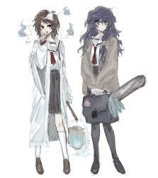 2girls alternate_costume bag bandaged_wrist bandages black_bag black_pantyhose black_shoes black_skirt blue_hair brown_cardigan brown_hair brown_shoes cardigan chainsaw character_charm charm_(object) chinese_commentary chinese_text choker closed_mouth commentary_request earrings expressionless flower flower_earrings genderswap genderswap_(mtf) grey_eyes hair_between_eyes hair_flower hair_ornament harada_minoru hatsutori_hajime highres hitodama holding holding_bag holding_lantern index_finger_raised jewelry kneehighs lab_coat lantern long_hair long_sleeves medium_hair multiple_girls necktie open_cardigan open_clothes open_mouth pantyhose pleated_skirt red_eyes red_necktie rose saibou_shinkyoku sailor_collar sailor_shirt school_bag shirt shoes skirt smile socks triangular_headpiece undone_necktie utsugi_noriyuki white_choker white_flower white_rose white_shirt white_socks wo_ma_le_mama