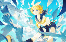 Rule 34 | 1girl, animal, bird, blonde hair, blue eyes, blue sky, cowboy shot, day, grin, hair ornament, hairclip, highres, kagamine rin, neckerchief, pale skin, paper, ryuh (asahina neru), short hair, sky, smile, solo focus, vocaloid, yellow neckerchief