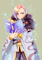 Rule 34 | 1boy, argyle clothes, argyle shirt, black pants, book, closed mouth, commentary request, cowboy shot, detached sleeves, fur collar, gloves, grey background, grey gloves, grey shirt, holding, holding book, looking at viewer, male focus, open book, pants, pink hair, purple eyes, ragnarok masters, ragnarok online, shirt, short hair, smile, solo, sorcerer (ragnarok online), sugata ubo