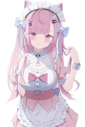 1girl ahoge animal_ears blush bow breasts cat_choker cat_ears cat_girl dress fish_hair_ornament hair_bow hair_ornament heart heart_hair_ornament highres indie_virtual_youtuber long_hair looking_at_viewer maid maid_headdress pink_dress pink_eyes pink_hair ponono_desu short_sleeves solo two_side_up virtual_youtuber white_background white_wrist_cuffs wing_hair_ornament wing_hairpin wrist_cuffs yuuki_sakuna yuuki_sakuna_(1st_costume)