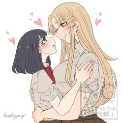 2girls artist_name black_hair blonde_hair blush bow bowtie breasts closed_mouth collared_shirt commentary eye_contact grey_eyes grin hand_on_another&#039;s_back hand_on_another&#039;s_shoulder heart highres hoshizora_no_shita large_breasts long_hair looking_at_another medium_hair multiple_girls original red_bow red_bowtie shirt short_sleeves simple_background smile watermark white_background white_shirt yellow_eyes yuri