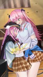 2girls aikawa_megumi blush breasts clothes_around_waist double_bun electricity green_eyes hair_bun hat heaven_burns_red kunimi_tama lilyhoney long_hair long_sleeves military_hat multiple_girls pink_eyes pink_hair shirt two_side_up white_shirt