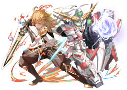 1boy 1other absurdres aether_(genshin_impact) armor bimmy blonde_hair braid brown_pants crop_top crossover energy_gun genshin_impact gloves gundam hair_between_eyes highres holding holding_sword holding_weapon long_hair male_focus mecha mobile_suit nt-d pants robot shoulder_armor sword unicorn_gundam weapon white_background yellow_eyes