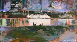 3boys 3girls absurdres architecture boat bridge chinese_commentary commentary_request east_asian_architecture from_behind highres ji&#039;e_juji lake multiple_boys multiple_girls night original outdoors painting_(medium) reflection reflective_water road silhouette sitting standing traditional_media watercraft watermark weibo_watermark wide_shot