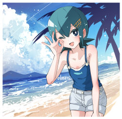 1girl beach blue_camisole blue_eyes bright_pupils camisole character_request check_character cloud commentary_request creatures_(company) day flat_chest game_freak grey_shorts hair_ornament lana_(pokemon) looking_at_viewer nintendo ok_sign ok_sign_over_eye one_eye_closed open_mouth outdoors pokeeti pokemon pokemon_sm short_hair short_shorts shorts sky smile solo white_pupils