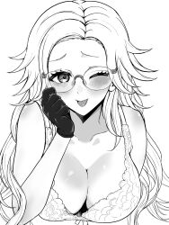 1girl aotsuki_eito arm_under_breasts blush bra breasts dididi_ta genderswap genderswap_(mtf) glasses gloves greyscale hand_on_own_face highres large_breasts long_hair monochrome one_eye_closed solo the_hundred_line_-last_defense_academy- tongue tongue_out underwear upper_body