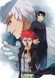 3boys albedo_piazzolla blue_eyes coat formal_clothes gaignun_kukai gloves green_eyes grin gun handgun highres holding holding_gun holding_weapon jr. multiple_boys purple_eyes red_hair revolver sayasaka short_hair smile suit weapon white_gloves xenosaga