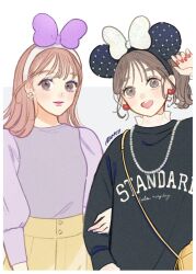 2girls bow brown_hair character_name copyright_name daisy_duck hair_bow highres humanization looking_at_viewer meecosme mickey_mouse_&amp;_friends minnie_mouse minnie_mouse_ears multiple_girls nail_polish open_mouth ponytail shirt short_hair short_ponytail smile translation_request