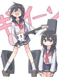 &gt;_&lt; 2girls :d auhuheben17 black_hair blush closed_eyes electric_guitar guitar hair_ornament hairclip highres instrument long_hair multiple_girls music open_mouth original playing_instrument plectrum school_uniform serafuku short_hair skirt smile white_background