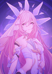 1girl absurdres black_shorts breasts catandcrumbles commentary corset crystal_shards diamond-shaped_pupils diamond_(shape) elysia_(herrscher_of_human:_ego)_(honkai_impact) elysia_(honkai_impact) english_commentary gloves hand_on_own_chest highres honkai_(series) honkai_impact_3rd long_hair looking_at_viewer medium_breasts pink_hair purple_eyes shorts sky solo star_(sky) starry_sky symbol-shaped_pupils triquetra upper_body veil very_long_hair white_corset white_gloves white_veil