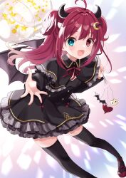 1girl :d ahoge black_capelet black_dress black_thighhighs blue_eyes brown_wings capelet commentary_request crescent crescent_hair_ornament demon_girl demon_horns demon_wings dress fang frilled_capelet frilled_dress frills hair_ornament heart heterochromia highres horns long_hair long_sleeves looking_at_viewer neck_ribbon nijisanji open_mouth red_eyes red_hair red_ribbon red_shoes ribbon rino_cnc shoes smile solo standing star_(symbol) thighhighs two_side_up very_long_hair virtual_youtuber wings yuzuki_roa yuzuki_roa_(1st_costume)