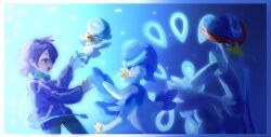 1girl :d absurdres bai_shui_zhu_yu- blue_background border bright_pupils commentary_request dot_(pokemon) evolutionary_line happy headphones highres jacket long_sleeves medium_hair nintendo open_mouth pants pokemon pokemon_(anime) pokemon_(creature) pokemon_horizons purple_hair quaquaval quaxly quaxwell smile tongue