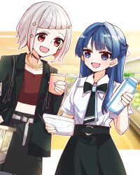 2girls :d belt black_bow black_bowtie black_choker black_coat black_necktie black_skirt blue_bow blue_bowtie blue_hair blue_necktie bob_cut bow bowtie choker coat collarbone collared_shirt commentary_request cowboy_shot cropped_shirt dress_shirt grey_belt grey_hair hair_intakes hair_ornament half_updo highres holding holding_milk_carton inverted_bob jewelry kanduki_kamibukuro letterboxed link!_like!_love_live! long_belt long_sleeves love_live! midriff milk_carton mole mole_on_neck multicolored_hair multiple_girls murano_sayaka murano_sayaka_(summer_casual) necklace necktie o-ring o-ring_choker official_alternate_costume open_clothes open_coat open_mouth outside_border pleated_skirt red_hair red_shirt shirt short_hair short_sleeves skirt smile star_(symbol) star_hair_ornament streaked_hair supermarket two-tone_hair virtual_youtuber white_shirt yugiri_tsuzuri yugiri_tsuzuri_(summer_casual)
