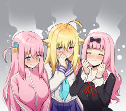 Rule 34 | 3girls, ahoge, black bow, black dress, blonde hair, blue eyes, blue neckerchief, blunt bangs, bocchi the rock!, bow, breasts, clenched hands, closed eyes, closed mouth, crossover, cube hair ornament, dress, fujiwara chika, gotoh hitori, grey background, hair bow, hair ornament, head steam, hino minami high school uniform, jacket, kaguya-sama wa kokurasetai ~tensai-tachi no renai zunousen~, kangbus, koshi torako, large breasts, long hair, long sleeves, multiple crossover, multiple girls, neck ribbon, neckerchief, pink eyes, pink hair, pink jacket, pleated skirt, purple sailor collar, purple skirt, red ribbon, ribbon, sailor collar, school uniform, serafuku, shikanoko nokonoko koshitantan, shirt, shuuchiin academy school uniform, side ahoge, skirt, textless version, track jacket, upper body, wavy mouth, white shirt, winter uniform