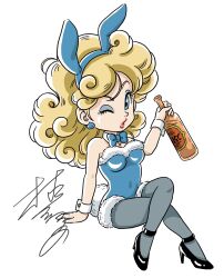 1girl alcohol animal_ear_hairband animal_ears black_shoes blonde_hair blue_bow blue_bowtie blue_eyes blue_eyeshadow blue_hairband blue_leotard blue_pantyhose bottle bow bowtie character_ear_piercing chibi commentary_request covered_navel crossed_legs curly_hair detached_collar dragon_quest dragon_quest_iii earrings eyeshadow fake_animal_ears fake_tail fur-trimmed_leotard fur_trim gadabout_(dq3) hairband high_heels highres holding holding_bottle jewelry leotard long_hair looking_at_viewer makeup murakami_yumiko pantyhose pink_lips playboy_bunny rabbit_ears rabbit_tail shoes signature slime_(dragon_quest) solo strapless strapless_leotard tail white_background wrist_cuffs