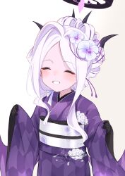 1girl absurdres blue_archive breasts demon_girl demon_horns flower furisode highres hina_(blue_archive) horns japanese_clothes kimono long_hair official_alternate_costume official_alternate_hairstyle open_mouth rose simple_background small_breasts smile solo toushitukata_7 white_background white_hair