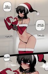 bikini black_hair blush breasts christmas collar dark-skinned_female dark_skin english_text gloves green_eyes hat highres medium_hair petite ratatatat74 ribbon_bow santa_bikini santa_costume santa_hat shy small_breasts thighhighs underwear