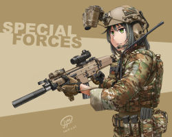 1girl ammunition_pouch assault_rifle black_hair camouflage combat_helmet commentary english_text fast_helmet female_focus flag fn_scar gloves green_eyes gun gun_sling headset helmet highres holding holding_gun holding_weapon jpc laser_sight magazine_(weapon) military military_combat_uniform military_uniform mole mole_under_eye multicolored_pants night-vision_device original pants pouch rifle scope signature simple_background solo suppressor texas_flag two-tone_gloves united_states_army weapon