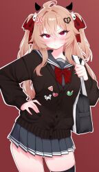 1girl absurdres anger_vein bag black_cardigan black_sailor_collar black_skirt black_thighhighs blush bow bowtie breasts broken_heart broken_heart_hair_ornament brown_hair cardigan closed_mouth commentary cowboy_shot demon_horns dress_shirt duffel_bag english_commentary evil_neuro-sama fang grey_shirt hair_between_eyes hair_ornament hair_ribbon hand_on_own_hip heart highres horns kuzuhaa long_hair long_sleeves looking_at_viewer medium_breasts neuro-sama pleated_skirt red_background red_bow red_bowtie red_eyes red_ribbon ribbon sailor_collar shirt simple_background single_thighhigh skirt skull_hair_ornament solo thighhighs two_side_up v-neck vedal_ai virtual_youtuber