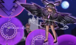 Rule 34 | 2girls, asayuba, barefoot, bella the seeker crow, black shirt, black skirt, black wings, blue sky, chibi, chibi inset, commentary, danmaku, dark-skinned female, dark skin, english commentary, feathered wings, full body, full moon, hair over one eye, harpy, head wings, highres, long hair, monster girl, moon, multiple girls, necktie, open mouth, purple eyes, purple necktie, rabbit and steel, rabbit girl, shirt, skirt, sky, solo focus, star (sky), starry sky, winged arms, wings, wizard rabbit