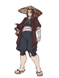Rule 34 | 1girl, absurdres, bandages, before the dawn (series), black hair, clenched hand, concept art, eyepatch, fantasy, full body, hat, highres, japanese clothes, katana, kimono, long hair, mature female, missing limb, official art, original, pale skin, rice hat, ronin, samurai, sandals, scar, sword, theo kris (artist), weapon, white background
