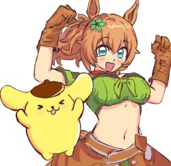 1girl animal_ears bandeau beret blue_eyes blush breasts brown_gloves brown_hair gloves green_bandeau hair_between_eyes hair_ornament hat horse_ears horse_girl horse_tail large_breasts looking_at_viewer lukadotxyz midriff navel open_mouth pompompurin ponytail sanrio skirt smile star_(symbol) star_hair_ornament taiki_shuttle_(umamusume) tail umamusume