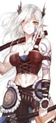 1girl absurdres arm_tattoo armband asymmetrical_pants axe braid breasts brown_eyes closed_mouth dragon_horns dual_wielding facial_tattoo fantasy female_focus hair_over_one_eye highres holding holding_axe horns jewelry jin_grey_paladin medium_breasts midriff navel necklace original over_shoulder pointy_ears side_braid simple_background solo tattoo toned toned_female warrior weapon weapon_over_shoulder white_background white_hair