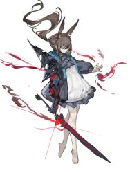 1girl amiya_(arknights) amiya_(guard)_(arknights) animal_ears arknights ascot barefoot black_jacket blue_ascot blue_eyes blue_skirt brown_hair full_body highres holding holding_sword holding_weapon infection_monitor_(arknights) jacket jiuxiaoshi long_hair miniskirt official_alternate_costume open_clothes open_jacket ponytail rabbit_ears rabbit_girl shirt sidelocks simple_background skirt solo sword weapon white_background white_shirt