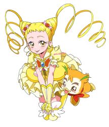 1girl :p arm_warmers bird blonde_hair bow butterfly_brooch butterfly_earrings cone_hair_bun cure_lemonade dress earrings flower_hairpin hair_bun hair_ornament highres jewelry penguin precure shirako_love signature syrup_(yes!_precure_5) thighhighs tongue tongue_out white_background yellow_dress yellow_eyes yes!_precure_5 yes!_precure_5_gogo!