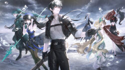 3boys 3girls absurdres bare_shoulders black_gloves black_hair black_jacket black_pants black_pantyhose black_shoes blonde_hair blue_hat breasts calcharo_(wuthering_waves) cleavage closed_eyes commentary_request earrings gloves green_eyes green_hair green_hairband hairband hat highres holding holding_polearm holding_sword holding_weapon jacket jewelry jiyan_(wuthering_waves) male_rover_(wuthering_waves) multiple_boys multiple_girls necklace pants pantyhose polearm ponytail rain red_hair rover_(wuthering_waves) shirt shoes single_glove smile spear sword verina_(wuthering_waves) waiomori water_drop weapon white_shirt wuthering_waves yangyang_(wuthering_waves) yellow_eyes yinlin_(wuthering_waves)