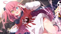 2girls :d absurdres ahoge black_cape blonde_hair blue_eyes blurry blurry_background blush cape chuunibyou commission crossed_bangs dutch_angle fang hair_between_eyes hair_ornament hairclip hand_up heterochromia highres hood hood_down hoodie long_sleeves looking_at_viewer loose_socks medium_hair multiple_girls one_side_up open_mouth original panties pink_hair red_hair red_panties shiro9jira skeb_commission skin_fang skull_hair_ornament sleeves_past_wrists smile socks solo_focus sparkle thighs two-sided_fabric underwear virtual_youtuber white_hoodie x_hair_ornament yellow_eyes