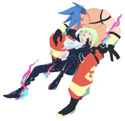 Rule 34 | 2boys, androgynous, ascot, asymmetrical hair, black gloves, black jacket, blue hair, earrings, fire, galo thymos, gloves, green hair, half gloves, jacket, jewelry, karina farek, leather, leather pants, lio fotia, male focus, multiple boys, pants, pink fire, promare, purple eyes, short hair, sidecut, sidelocks, simple background, triangle earrings, undercut