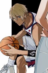 Rule 34 | 1girl, ace attorney, aged down, alternate costume, amikoiiko, ankle socks, apollo justice: ace attorney, ball, basketball (object), basketball jersey, basketball shorts, basketball uniform, black background, black sleeves, blonde hair, blue eyes, blue trim, calves, closed mouth, collarbone, cross-laced shoes, dark-skinned male, dark skin, deltoids, earrings, elbow sleeve, ema skye, fingernails, foot out of frame, from behind, hand on own hip, high tops, highres, holding, holding ball, initial, jewelry, klavier gavin, light smile, male focus, mismatched eyebrows, pants, pocket, red trim, shirt, shoes, short hair, shorts, simple background, single earring, single sleeve, sitting, sleeveless, sleeveless shirt, sneakers, socks, sportswear, sternocleidomastoid muscle, track pants, two-tone background, white background, white jersey, white pants, white shoes, white shorts