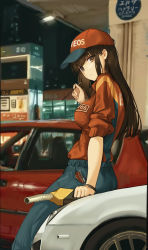 1girl absurdres arm_up baseball_cap brown_eyes brown_hair car food from_side gas_pump gas_pump_nozzle gas_station hat highres honda_civic jumpsuit lexus_lfa long_hair looking_at_viewer motor_vehicle non_porn on_car original pocky product_placement red_shirt sawkm shirt sitting solo sports_car