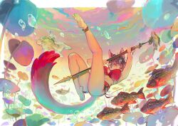 1boy 1girl air_bubble animal_ears anklet bikini black_hair blue_eyes breasts brown_hair bubble cat_ears cat_girl cat_tail final_fantasy final_fantasy_xiv fish harpoon highres jacket jewelry large_breasts looking_at_viewer male_swimwear manatee miqo&#039;te red_bikini red_shorts reneelric shorts swim_trunks swimsuit tail underwater warrior_of_light_(ff14) white_jacket