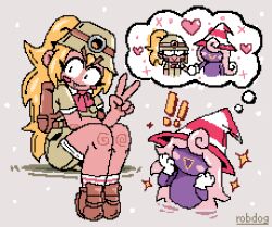 Rule 34 | !, !!, 2girls, animated, animated gif, artist name, backpack, bag, blinking, blonde hair, blush stickers, brown hat, brown shoes, brown shorts, colored skin, fang, gloves, goombella, grey background, hat, highres, looking at viewer, mario (series), multiple girls, nintendo, paper mario, paper mario: the thousand-year door, pink hair, pink skin, pixel art, ponytail, purple skin, red hair, robdog (darobrobber), shoes, shorts, sitting, smile, sparkle, speech bubble, striped hat, thick eyebrows, thought bubble, triangle mouth, v, vivian (paper mario), white gloves, wizard hat