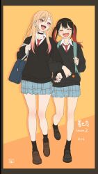 Rule 34 | 2girls, black border, black hair, black sweater, blonde hair, blue skirt, blush, border, closed eyes, full body, gradient hair, highres, kitagawa marin, locked arms, long hair, miniskirt, multicolored hair, multiple girls, necktie, open mouth, orange background, pink hair, pleated skirt, red eyes, red hair, red necktie, school uniform, shirt, simple background, skirt, smile, sono bisque doll wa koi wo suru, streaked hair, sugaya nowa, sweater, twintails, two-tone hair, white shirt, yaegashi youhei