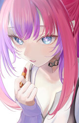 +_+ 1girl 774norango absurdres applying_lipstick applying_makeup blue_eyes breasts cleavage collarbone commentary cosmetics eyelashes highres hololive hololive_dev_is kikirara_vivi lipstick_tube long_hair long_sleeves multicolored_hair open_mouth pink_hair pink_lips pointy_ears purple_hair purple_sleeves simple_background solo two-tone_hair virtual_youtuber white_background
