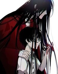 2boys absurdly_long_hair aged_down bandaged_chest bandaged_hand bandaged_neck bandages black_hair chinese_clothes chinese_commentary closed_eyes closed_mouth coat collared_shirt dao_gui_yi_xian glasses hair_between_eyes hair_over_eyes hair_ribbon hand_in_another&#039;s_hair hand_on_another&#039;s_shoulder hanfu highres holding holding_another&#039;s_hair ji_zai li_huowang long_hair long_sleeves low-tied_sidelocks male_focus multiple_boys nail_polish official_alternate_hair_length official_alternate_hairstyle qing_wanglai red_coat red_nails red_ribbon ribbon robe shirt short_hair short_sleeves sidelocks simple_background upper_body very_long_hair white_background white_shirt wide_sleeves wuzi3742 yaoi