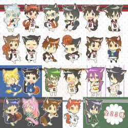 2girls 6+boys :3 adjusting_eyewear aida_riko akashi_seijuurou amakusa_yuuki animal_ears aomine_daiki artist_name bag_of_chips ball basketball_(object) basketball_jersey basketball_uniform black_hair black_shirt blonde_hair blue_hair blue_shirt cat_boy cat_ears cat_girl cat_tail character_request chibi chibi_only closed_mouth cup disposable_cup fang fang_out full_body furihata_kouki glasses green_eyes green_hair green_shirt hair_ornament hairpin heterochromia highres himuro_tatsuya holding holding_cup hyuuga_junpei izuki_shun kagami_taiga kasamatsu_yukio kise_ryouta kiyoshi_teppei koganei_shinji kuroko_no_basuke kuroko_tetsuya midorima_shintarou mitobe_rinnosuke momoi_satsuki multicolored_background multiple_boys multiple_girls murasakibara_atsushi open_mouth outline purple_hair red_hair sakurai_ryou shirt sleeveless sleeveless_shirt smile sportswear sweatdrop tail takao_kazunari tsuchida_satoshi two-tone_shirt whistle whistle_around_neck white_outline white_shirt