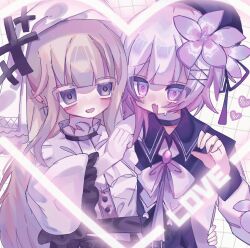 Rule 34 | 2girls, beret, blush, cross, flower, hair flower, hair ornament, hand on another&#039;s shoulder, hand on another&#039;s waist, hat, highres, hikami meruru, hime cut, hug, long hair, magical girl, mahou shoujo no majo saiban, multiple girls, open mouth, priestess, sakuraba ema, school uniform, short hair, smile, sweat, tote kona, yuri