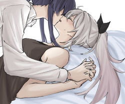 2girls black_tank_top blush closed_eyes collared_shirt commentary french_kiss grey_hair holding_hands honkai_(series) honkai_impact_3rd interlocked_fingers kiana_kaslana kiss long_hair multiple_girls ponytail purple_hair raiden_mei shirt sidelocks sweatdrop syonosuke9573 tank_top tongue tongue_out upper_body white_background white_shirt yuri