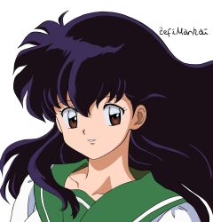 Rule 34 | 1girl, artist name, black hair, brown hair, eyelashes, green sailor collar, hair between eyes, highres, higurashi kagome, inuyasha, long hair, parted lips, sailor collar, shirt, solo, upper body, white background, white shirt, zefimankai