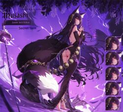 1girl absurdly_long_hair ahoge alternate_costume animal_ear_fluff animal_ears ass ass_cutout azur_lane backless_dress backless_outfit barefoot beads black_dress black_hair breasts bridal_gauntlets brown_hair character_name chestnut_mouth clothing_cutout detached_sleeves dress facial_mark floating_hair flower fox_ears fox_girl fox_tail from_behind from_below hair_ornament highres huge_breasts long_hair looking_at_viewer looking_back mitsu_(mitsu_art) multiple_expressions musashi_(azur_lane) no_panties paid_reward_available prayer_beads purple_background purple_hair smile solo steepled_fingers tail tail_ornament very_long_hair weapon wisteria yellow_eyes