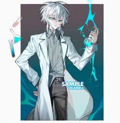 1boy absurdres academic_test accents anime_coloring bad_tag beaker belt button-up cowboy_shot dark effect flask floating glowing gradient_background grey_shirt hair_between_eyes highres holding holding_flask kamika lab_coat laboratory liquid male_focus messy_hair original pants scientist sharp sharp_eyes shirt slight smirk splashing standing test_tube tube white_hair