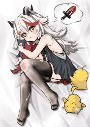 a.i.n absurdres aged_down anger_vein azur_lane black_dress black_horns black_thighhighs dress highres horns image_in_speech_bubble little_aegir_(azur_lane) manjuu_(azur_lane) multicolored_hair on_bed pout red_hair streaked_hair stuffed_toy thighhighs white_hair yellow_eyes