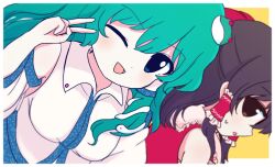 Rule 34 | 2girls, :d, :o, azuma meri, bare shoulders, blue eyes, blue skirt, bow, breasts, brown eyes, brown hair, chest sarashi, collared shirt, detached sleeves, dot nose, double-parted bangs, frilled hair tubes, frills, frog hair ornament, green hair, hair bow, hair ornament, hair tubes, highres, kochiya sanae, large breasts, long hair, long sleeves, looking at viewer, multiple girls, one eye closed, open mouth, patterned clothing, print skirt, red bow, sarashi, shirt, sidelocks, simple background, single hair tube, single sidelock, skirt, skirt set, sleeveless, sleeveless shirt, smile, snake hair ornament, sweatdrop, touhou, upper body, v, wide sleeves, wing collar, yellow background