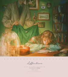 1boy 1girl book bookshelf brown_hair candle cardigan closed_eyes clothes_blanket commentary covering_with_blanket english_commentary epcat green_jacket hair_ornament hairclip holding holding_jacket holding_unworn_clothes indoors jacket long_hair long_sleeves notebook original painting_(object) pen phonograph photo_(object) picture_frame sleeping sleeping_on_desk sweater table taxidermy unworn_jacket