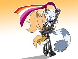 2girls absurdres bodysuit boots gloves high_heels highres holding_person latex latex_bodysuit latex_boots latex_gloves lesbian_flag multiple_girls qqlettuce sega shoes sneakers sonic_(series) sonic_the_hedgehog_(idw) tangle_the_lemur whisper_the_wolf yuri